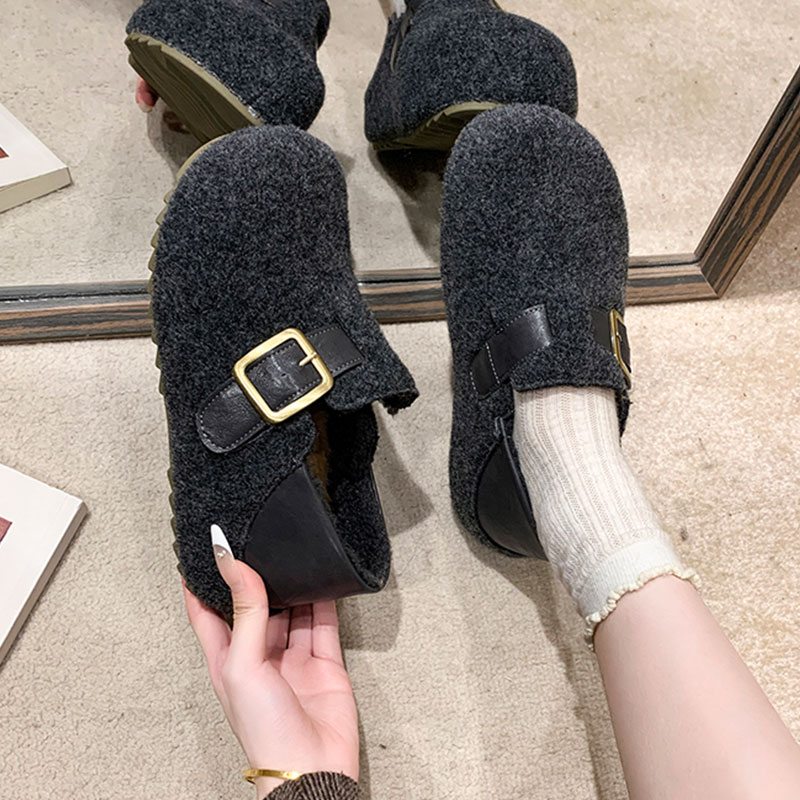 厚底复古内增高两穿勃肯鞋女韩版新款秋冬毛呢懒人毛毛鞋加绒棉鞋