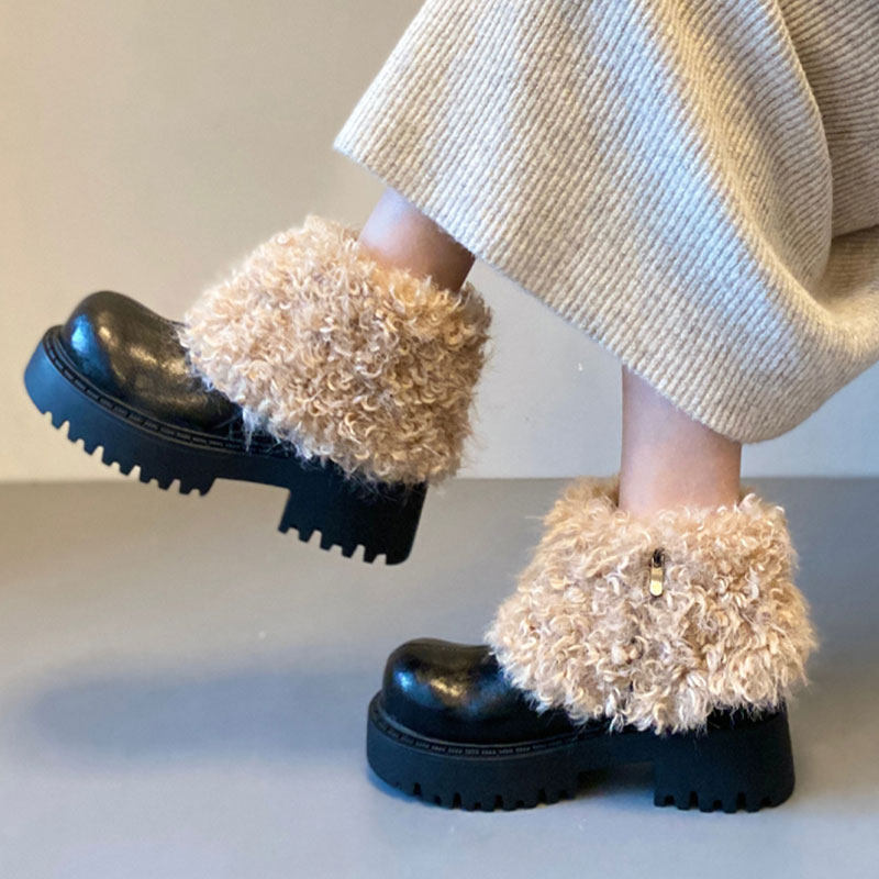 复古马丁靴女款2026新款秋冬加绒粗跟雪地靴厚底棉鞋毛毛鞋短靴女