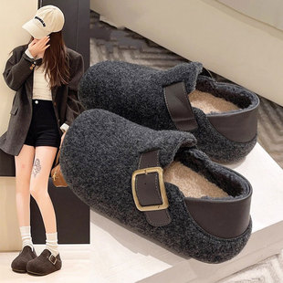 勃肯鞋女灰色秋冬新款毛呢厚底百搭两穿毛毛鞋加绒保暖穆勒鞋棉鞋