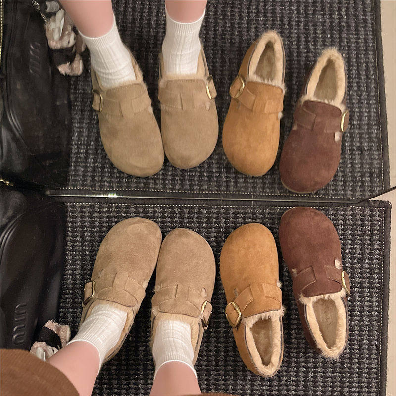 网红加绒勃肯鞋女韩版新款秋冬软平底毛毛鞋外穿孕妇博肯豆豆棉鞋
