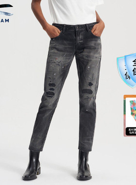 DENHAM女士日本制破洞猫须水洗红剪刀宽松中腰黑色牛仔裤MONROE