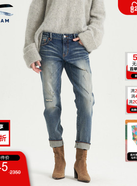 DENHAM25年女士宽松中腰微锥水洗磨白做旧剪刀牛仔裤MONROE