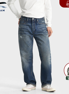 DENHAM2025年新品男士时尚猫须做旧磨破宽松直筒中腰牛仔裤DAGGER