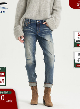 DENHAM25年女士宽松中腰微锥水洗磨白做旧剪刀牛仔裤MONROE