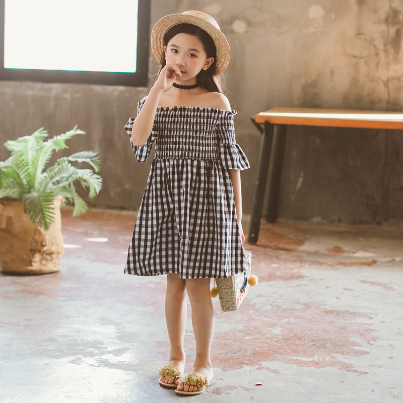 新品春夏一字领荷叶边袖子韩版女童连衣裙/黑白格抹胸裙