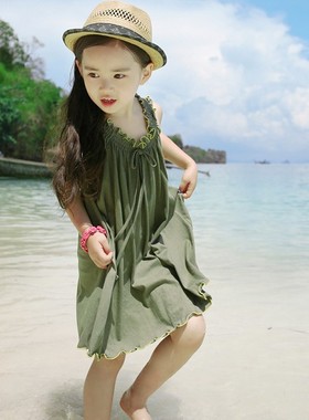 韩版纯色蓝色夏季儿童新款波浪纹吊带裙 女童时尚休闲沙滩连衣裙