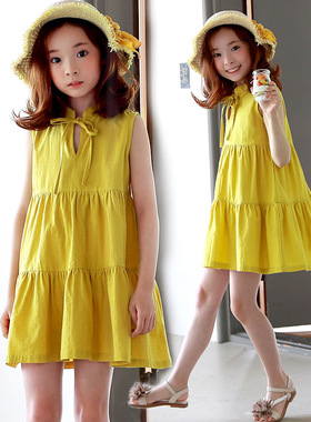 黄色纯色夏季夏装新品童装韩版女童连衣裙立领宽松中大童童裙