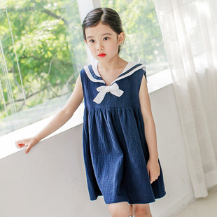韩版女童连衣裙 夏季童装学院风学生裙公主裙无袖 纯棉童裙
