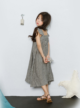 韩版吊带裙灰色夏季女童新款宽松条纹荷叶边飞袖中大童儿童连衣裙