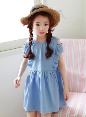 新品蓝色短袖夏季夏装童装韩版女童连衣裙露肩中大童童裙