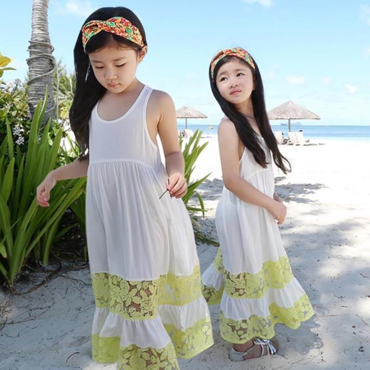 吊带裙白色新款儿童夏季公主连衣裙 女童雪纺裙蕾丝拼接长裙