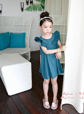 韩版蓝色夏季新款墨绿花边休闲童裙简约中长裙 女童时尚连衣裙