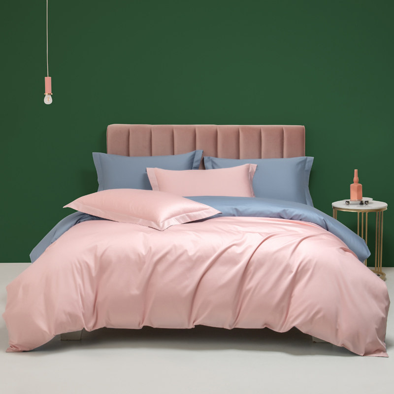 全棉50支双股贡缎长绒棉素色莫兰迪粉+蓝色双拼AB版简约四件套,床上用品,床品套件/四件套/多件套,淘宝优惠券,粉丝福利购,淘宝优惠卷
