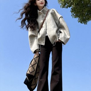 大衣女款2025新款冬加厚短款立领系带毛呢外套小个子独特别致上衣