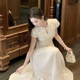 凌茜恣禾云纱绣影国风新中式镂空刺绣连衣裙端庄绝美改良旗袍裙