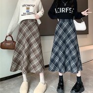 实拍大码胖MM冬季韩版毛呢高腰长裙chi格子中长半身裙女