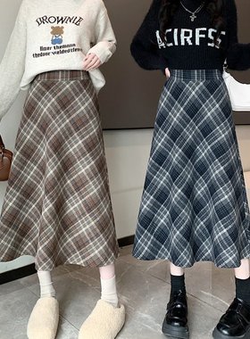 实拍大码胖MM冬季韩版毛呢高腰长裙chi格子中长半身裙女