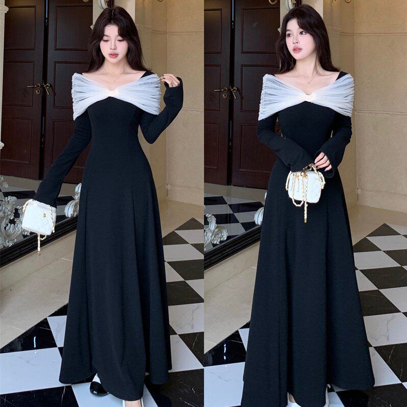 实拍大码女装气质长袖针织裙子2025秋冬巨好看宴会长款连衣裙