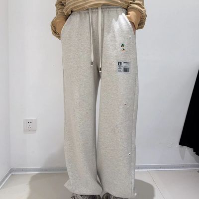 纸袋家冬款「420克绒布工艺感休闲裤」刺绣甩点炒雪花磨破PS0560