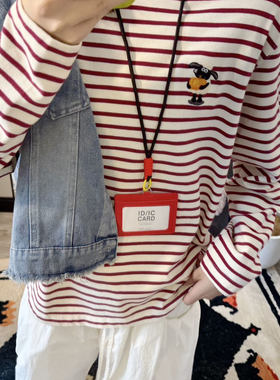 纸袋家秋「卷毛羊刺绣显瘦条纹打底衫」1132双纱纯棉洋气长袖T恤