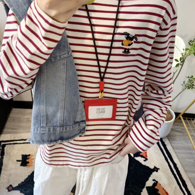 长袖休闲常规刺绣纯棉显瘦条纹