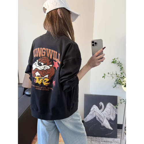 纸袋家重工刺绣大牙怪420克全棉毛圈单排扣棒球服宽松上衣8089