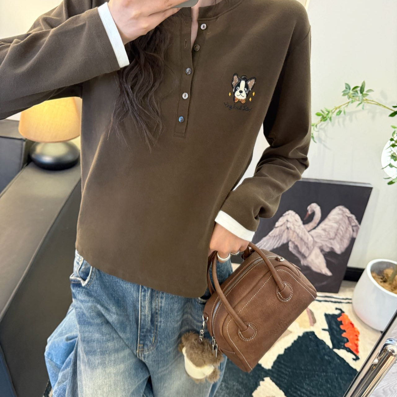 法斗刺绣开扣拼色长袖T恤女