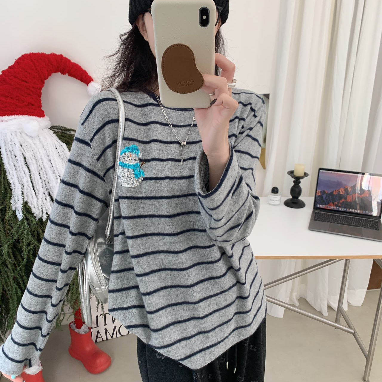 圆领条纹长袖T恤女宽松休闲上衣