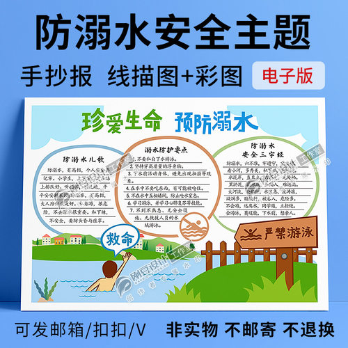 防溺水手抄报模板线描彩图夏季