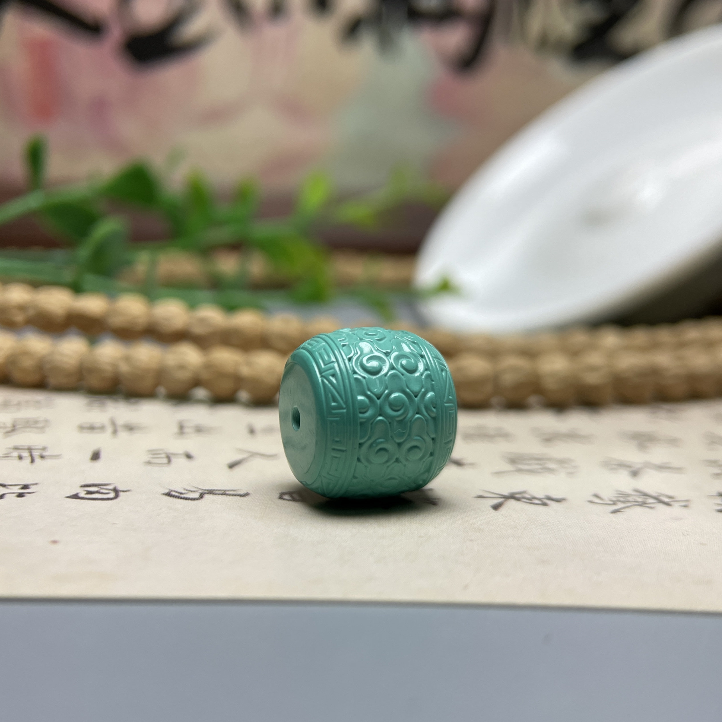 15*13mm精工雕刻高瓷绿松回纹老型桶珠文玩手串顶珠配饰配珠diy