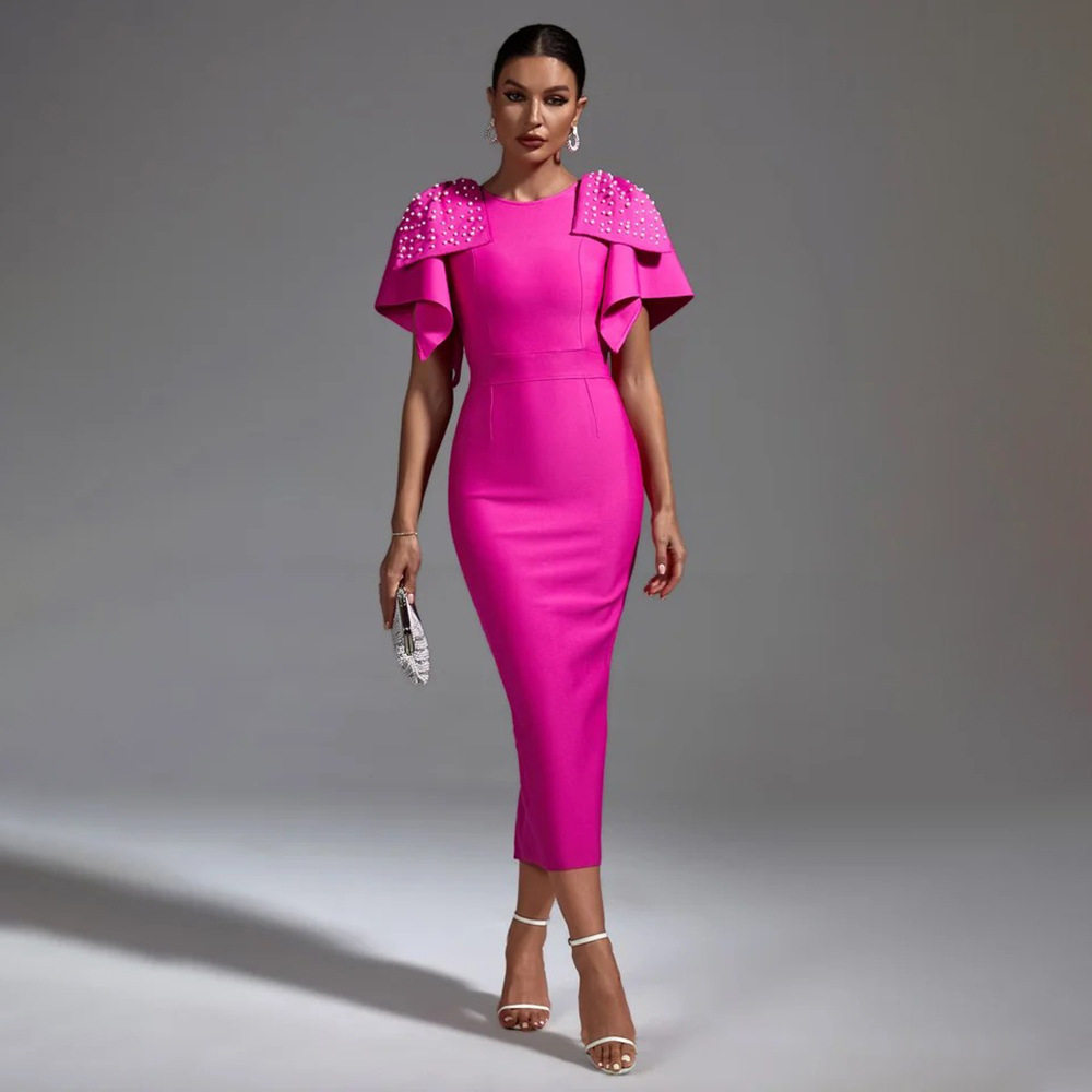 Bandage dress 玫红钉珠蝴蝶结中长款绷带礼服名媛宴会派对连衣裙