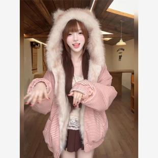 粉色条纹兔耳朵连帽棉服外套女秋冬季加绒加厚卫衣超好看毛毛上衣