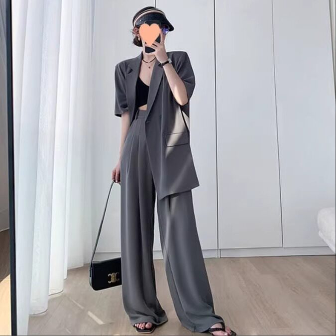 大码女装胖mm200斤职业西装休闲宽松显瘦阔腿裤面试上班两件套