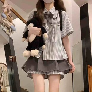 半身裙两件套 韩系jk制服学院风短裙套装 女夏季 小个子条纹短袖 衬衫