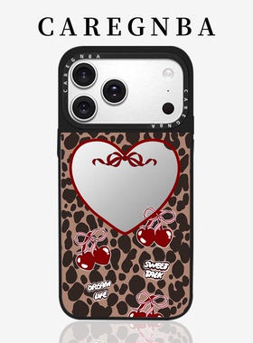 CAREGNBA丝带樱桃豹纹镂空爱心适用苹果17ProMax手机壳iPhone16pro创意14plus镜面13防摔15p全包11网红XR女12