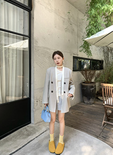 韩系简约高级气质春秋款 外套 无领西服女 v领西装 DAMEI大美豆绿色