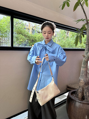 长袖棉衬衫蝴蝶结通勤宽松单排扣