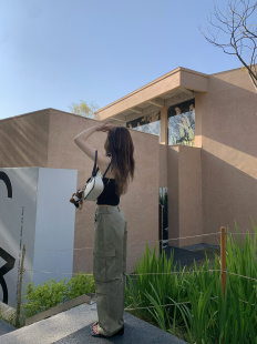 军绿色中低腰口袋直筒工装 宽松休闲长裤 裤 美式 女 新款 DAMEI大美