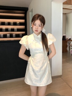 大美自制150cm小个子新中式风改良旗袍裙子 淑女收腰短款连衣裙夏