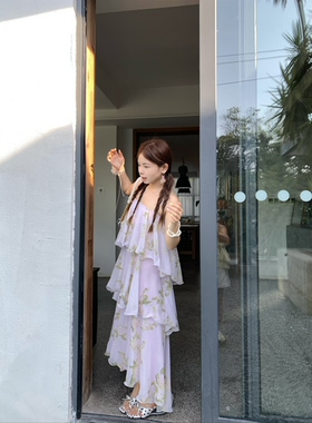 DAMEI大美 紫色漂亮吊带长裙 飘逸小众高级感度假风碎花连衣裙女