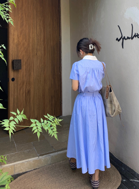 大美自制150小个子套装 韩里韩气蓝色木耳边翻领衬衫+半身裙女