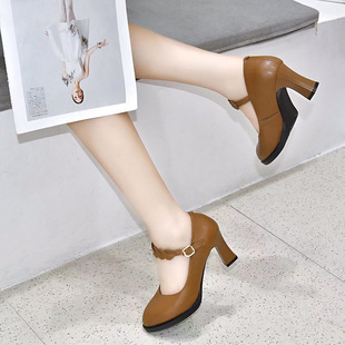 女厚底皮鞋 高跟鞋 气质尖头粗跟一字带单鞋 法式 防水台2023秋季 新款