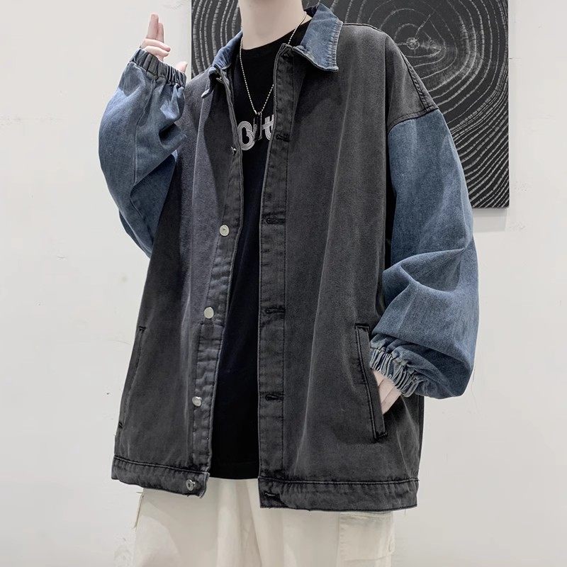 港风复古牛仔外套男春季设计感拼接撞色翻领夹克ins潮牌百搭上衣