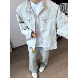 美式水洗纯棉设计感立领牛仔外套男女春秋季新款高级感上衣夹克潮