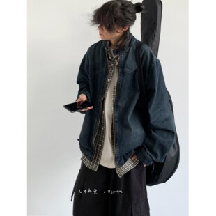 春秋季日系复古水洗牛仔外套男女做旧男友风宽松百搭休闲立领夹克