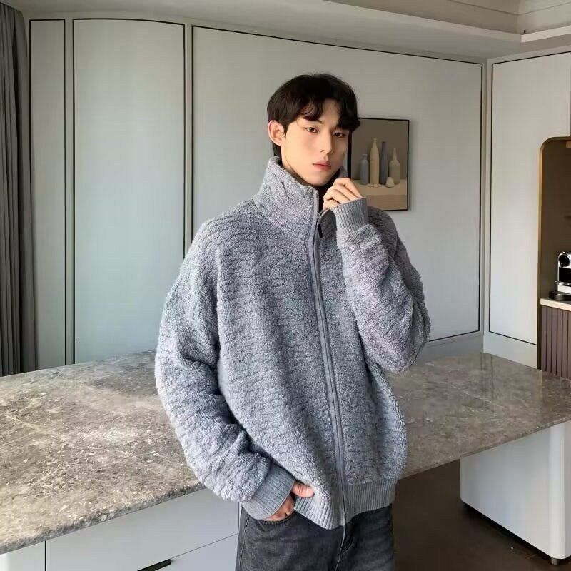 灰色保暖高领毛衣开衫外套男款秋冬复古慵懒风宽松百搭针织衫上衣