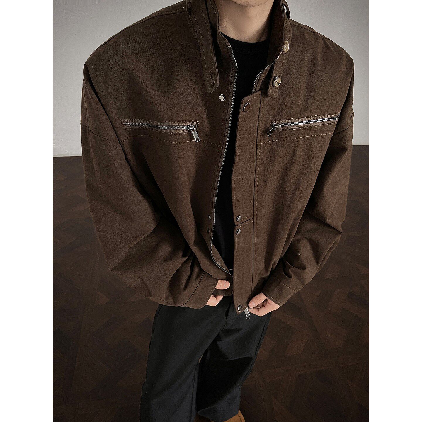 美式哈灵顿立领工装外套男春秋季复古高级感宽松水洗短款机车夹克