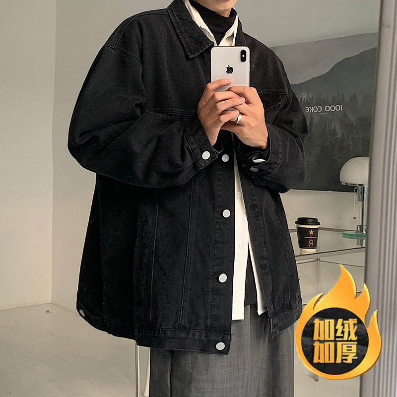 秋冬重磅加绒翻领男士牛仔外套男