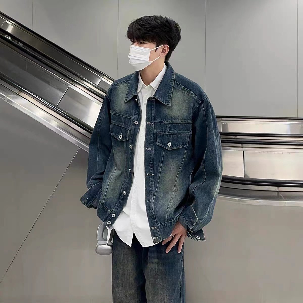 复古街头牛仔外套男春秋翻领夹克