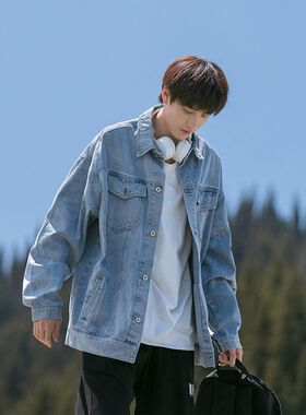 高街潮牌工装牛仔外套男春秋港风新款翻领夹克青少年宽松复古褂子